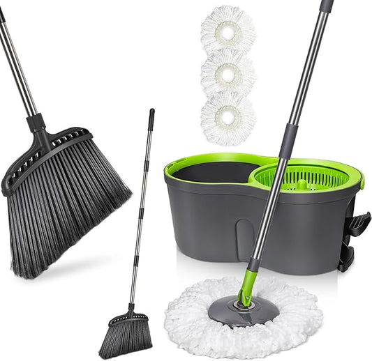 Masthome Pedal Spin Mop and Bucket with Wringer Set, 3 Mop Pads & Outdoor Broom,56" Brooms for Sweeping Outdoor for Kitchen Home Office Garage Courtyard Lobby Lawn Concrete