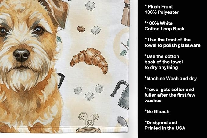 Caroline's Treasures Wheaten Border Terrier Coffee Bar Kitchen Towel Velour Plush Front and Cotton Loop Back Machine Washable