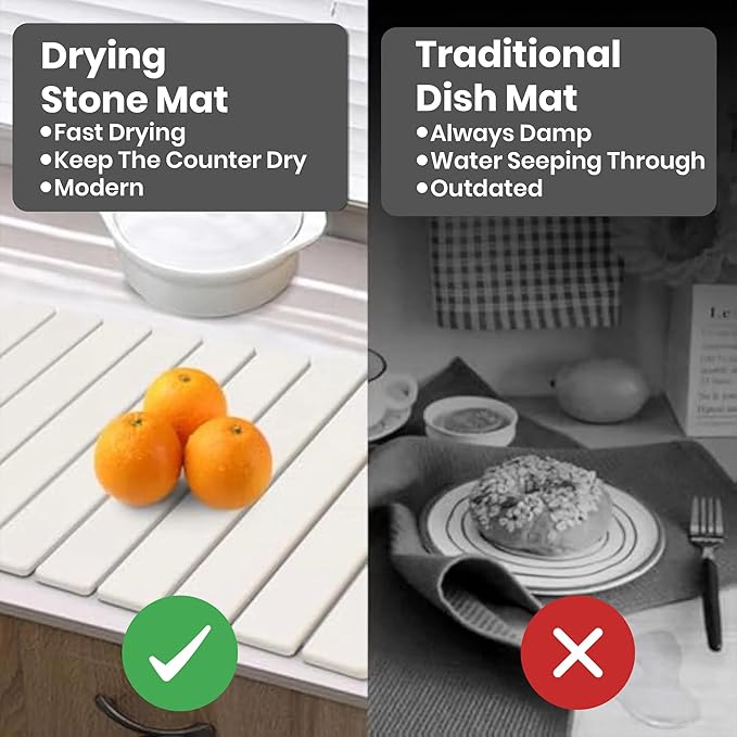 Large Stone Dish Drying Mat for Kitchen Counter,drying mat 24"(L)×16"(W),diatomaceous earth dish drying mat,quick drying stone mat for kitchen sink,drying dish mat white