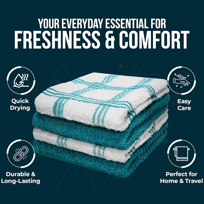 DAN RIVER Premium Dish Cloth 100% Cotton 12 X 12 Inches |Pack of 8|-Ultra Soft Tea Towels-Highly Absorbent Kitchen Rags-Terry Dishcloth for Kitchen and Household Cleaning |Teal|