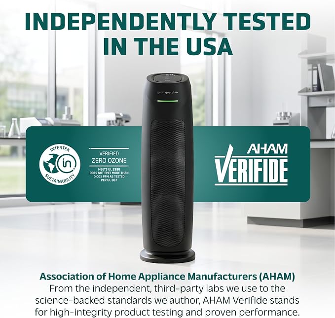 GermGuardian HEPA Large Room Air Purifier for Bedroom, Office, Dorm, and Home - Filters Pet Dander, Dust, Pollen, Smoke, Scents - Air Quality Monitor - AC4880B - 22" Tower - Black