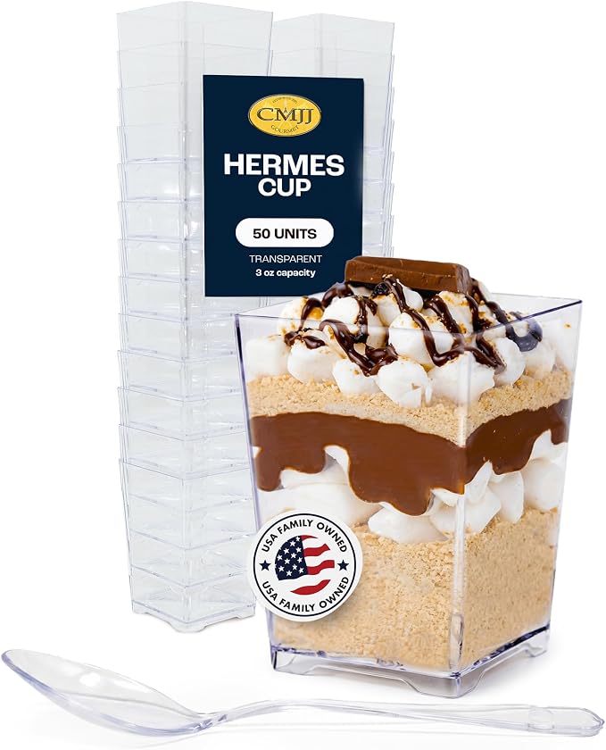 50 Pack 4 oz. Square Small Plastic Dessert Cup With Spoons Hermes Professional-Grade Recyclable Transparent Disposable Party Cup for Parfait Desserts, Appetizers, and Events CMJJ