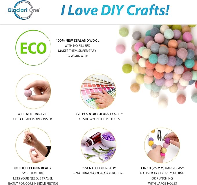 Glaciart One Felt Pom Poms, Wool Felt Balls (120 Pieces) 2.5 cm – 1 Inch, Handmade Felted 30 Pastel Colors (Green, Pink, Blue, Yellow and More) Bulk Small Puff for Felting and Garland