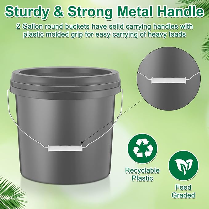 Tioncy 24 Pcs 2 Gallon Plastic Bucket with Lid Heavy Duty 2 Gallon Bucket Pail with Lid Handle for Storage Container Home Household Cleaning (Grey)