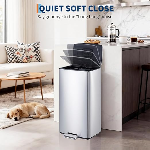 Garvee 40L / 10.6 Gal Kitchen Trash Can, Stainless Steel Garbage Can with Soft Close Lid, Rectangular Waste Bin with Filter, Removable Inner Bucket and Foldable Foot Pedal for Bathroom Home Office