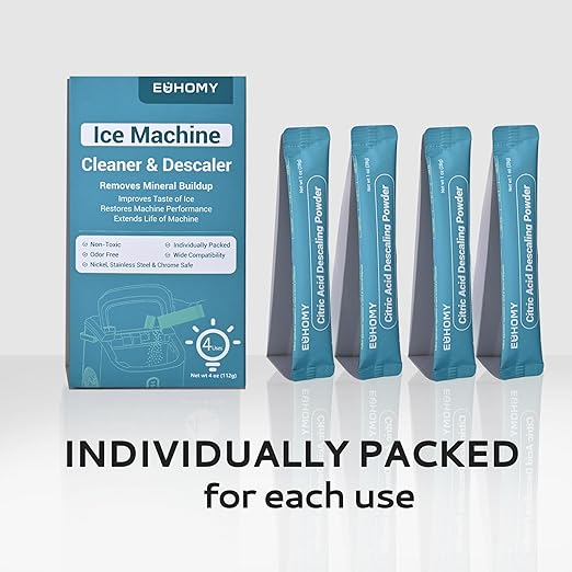 EUHOMY Ice Maker Cleaner & Descaler | 4 Use & Individually Packed | Ice Machine Cleaner with Organic Citric Acid Descaling Powder, Ideal for All Brands