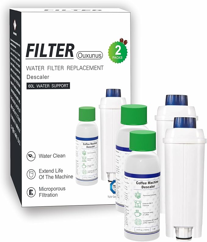 Descaling Kit Compatible with Delonghi Coffee Machines: 2 Full Maintenance Cycles | 2 Compatible with De'Longhi water Filters + 2x100ml Descaling Solution Replace Every 3 Months （6-Month）