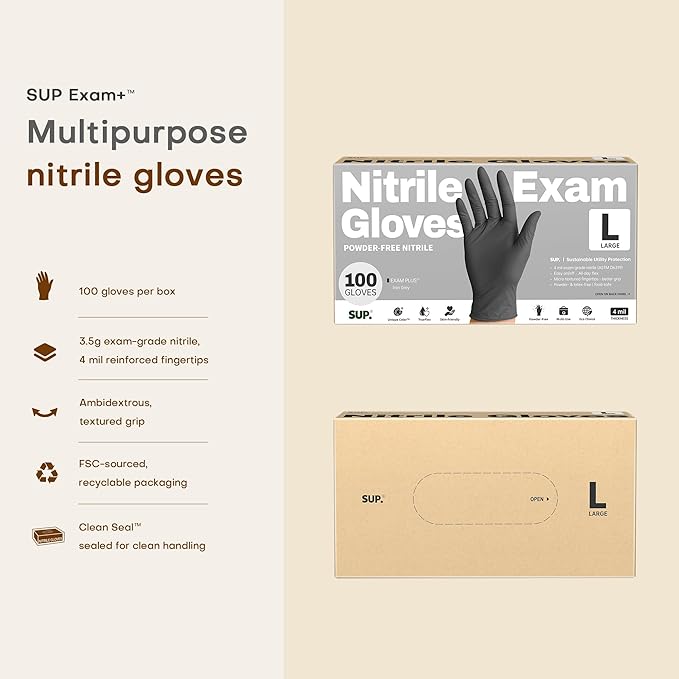 SUP Nitrile Exam Gloves, 1000 Ct Powder Free Latex Free Food Safe Non-Sterile Cooking Cleaning Disposable Medical Glove Black