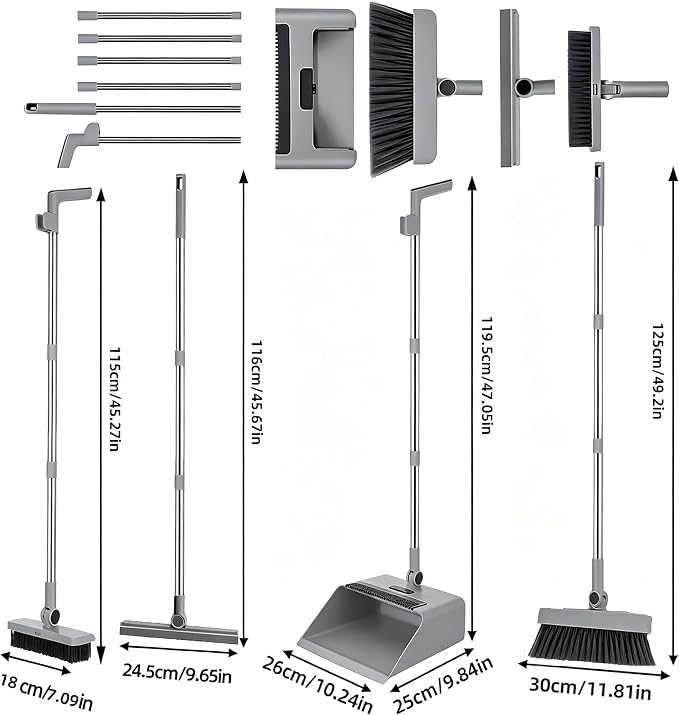 SDSM 4 in 1 Multifunctional Broom and Dustpan Combo Set, Heavy Duty Brooms with 52" Long Handle, with Squeegee and Cleaning Brush, for Clean Home Kitchen Bathroom Office, Sweeping indoor Outdoor Floor