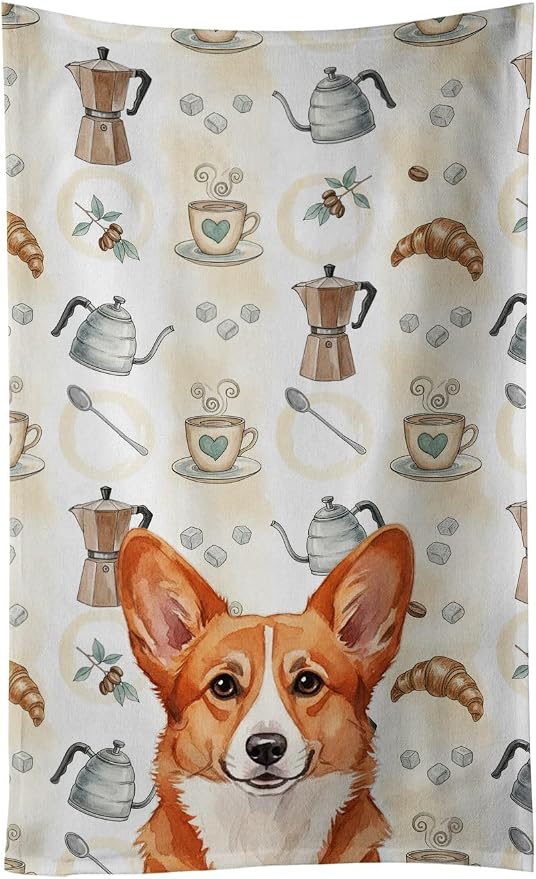 Caroline's Treasures Red Cardigan Welsh Corgi Coffee Bar Kitchen Towel Velour Plush Front and Cotton Loop Back Machine Washable
