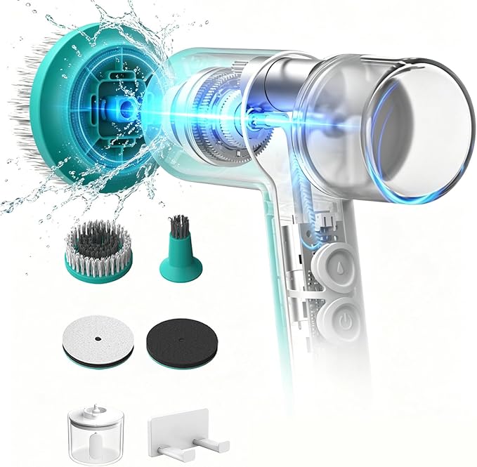 Dual-Rotation Electric Spin Scrubber, Cordless Shower Scrubber - IPX5 Waterproof Multi-Surface Cleaning Brush for Bathroom, Kitchen, Tile, Glass & More - Includes 4 Brush Heads