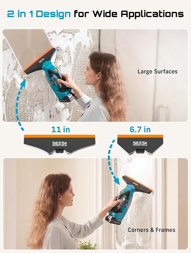 SEESII Cordless Window Vacuum Squeegee, 2000Pa Electric Window Squeegee, 60Mins Battery Life with 11" and 6.7" Squeegees for Mirrors, Glass, Tiles