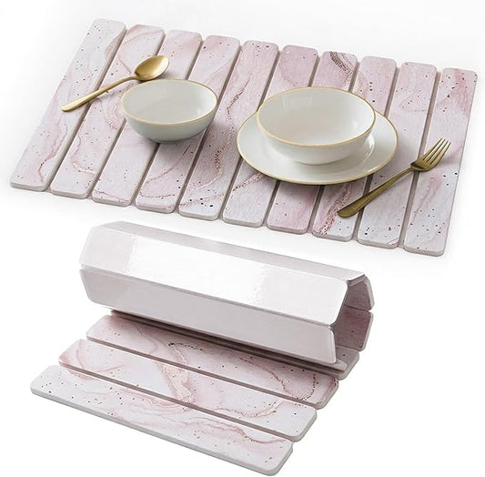 Stone Drying Mat for Kitchen Counter, Quick Diatomaceous Earth Mats for Dishes, 23.6"L x 15.7" W Super Absorbent Fast-Drying Collapsible Countertop Stone Mat (Marble White-07, 24" x 16")