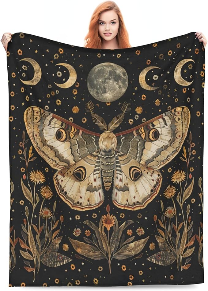 Moth Blanket Moon Butterfly Decor Throw Blanket Comfort Plush Flannel Fleece Warm Soft Fuzzy Blanket Gothic Gifts for Girls Boys Women Teens for Room Bed Sofa Couch 40"X50"