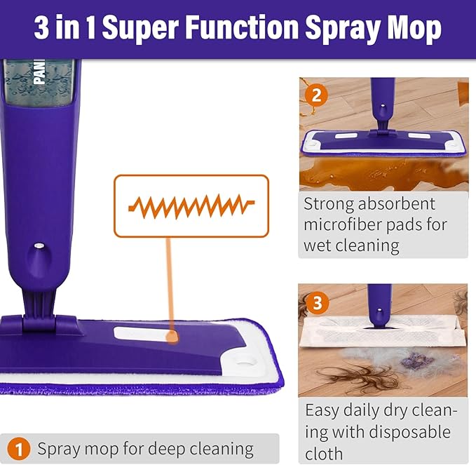 Spray Mop for Floor Cleaning with Bottle & 3 Microfiber Pads | Refillable bottle, washable pads, wet/dry flat mop for hardwood, laminate, wood & ceramic floors, home or commercial use