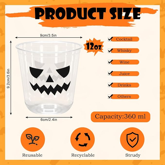 JarThenaAMCS 60Pcs Halloween Plastic Cups Spooky Pumpkin Face Disposable Clear Stemless Wine Cocktail Glasses 12 Oz PET Drinkware Cups Set for October Trick or Treat Birthday Party Supplies