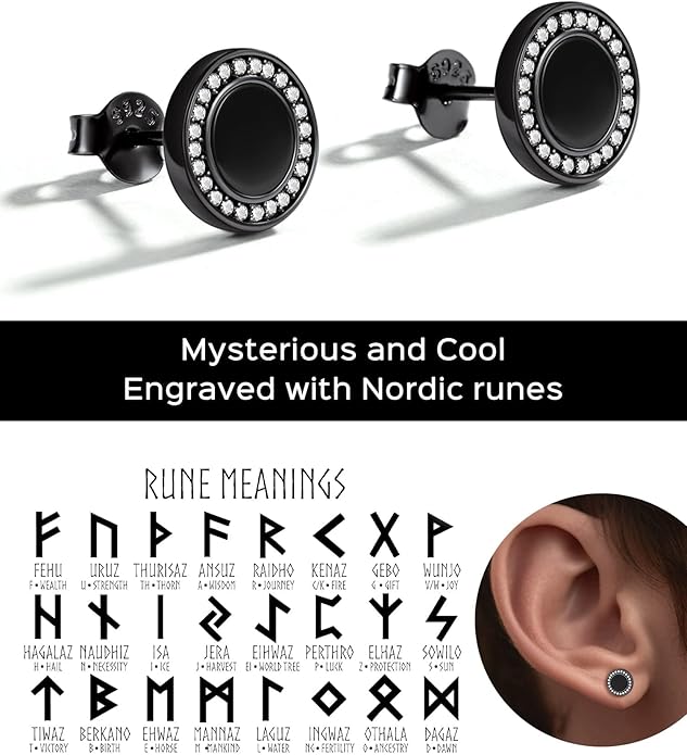 ChicSilver 925 Sterling Silver Viking Rune Natural Black Onyx Stud Earrings For Women Men