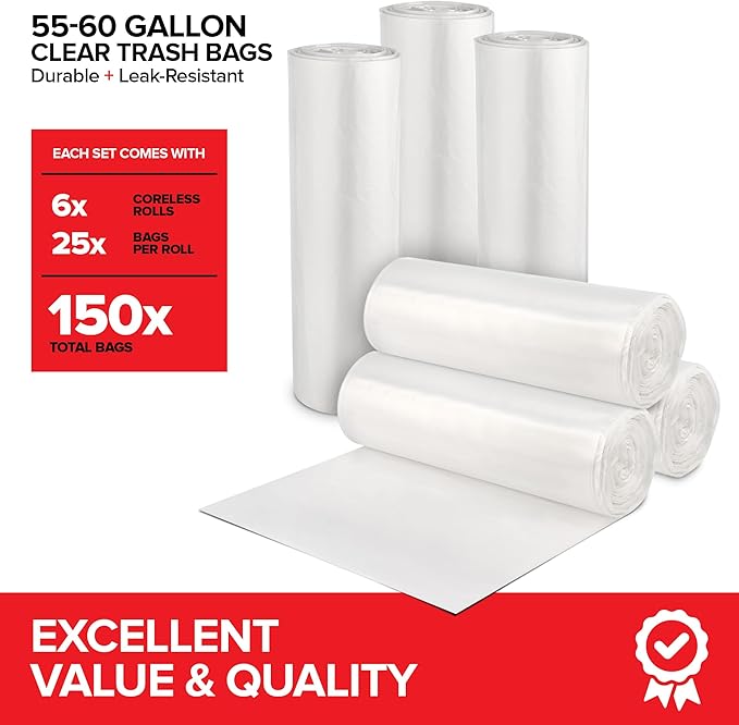Stock Your Home 55-60 Gallon Clear Trash Bags (150 Pack) – Disposable Leak-Resistant Garbage Can Liners for Office, Bathroom, Deli, Produce, Dog Poop, Cat Litter