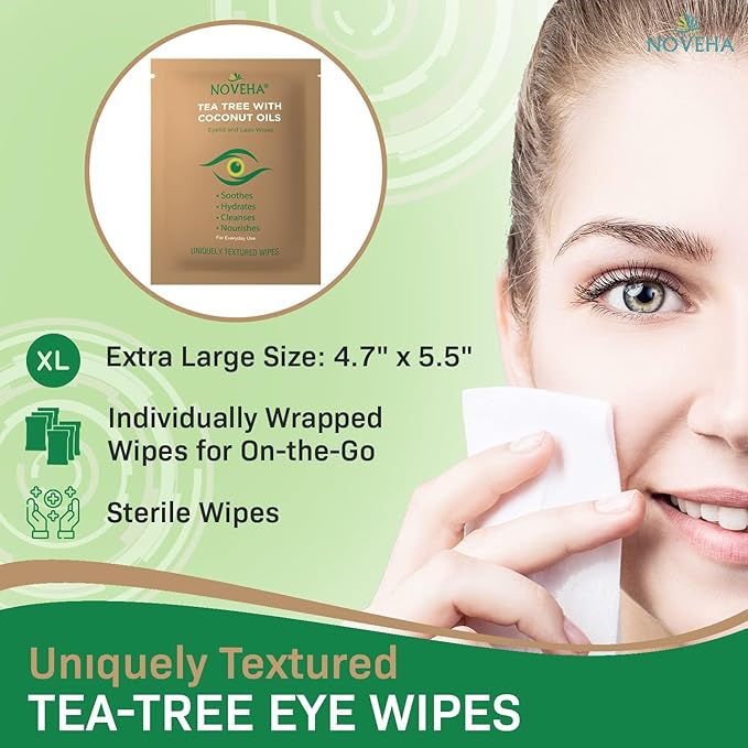 NOVEHA 60PCs Tea Tree & Coconut Oil Eyelid & Lash Wipes - For Demodex, Blepharitis & Itchy Eyes, Individually Wrapped Eyelash Wipes With Aloe Vera, Natural Makeup Remover & Daily Eye Cleanser