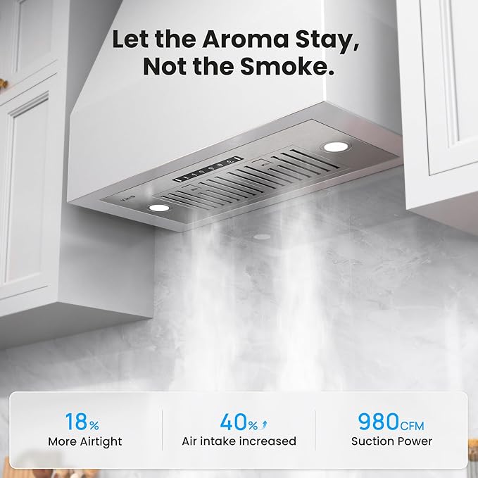 VIKIO HOME Built-in/Insert Range Hood 36 Inch, 980 CFM Hood Vent for Kitchen, Ducted/Ductless Convertible Duct, Stainless Steel Kitchen Vent Hood with Gesture & Touch Control, 3 Baffle Filters