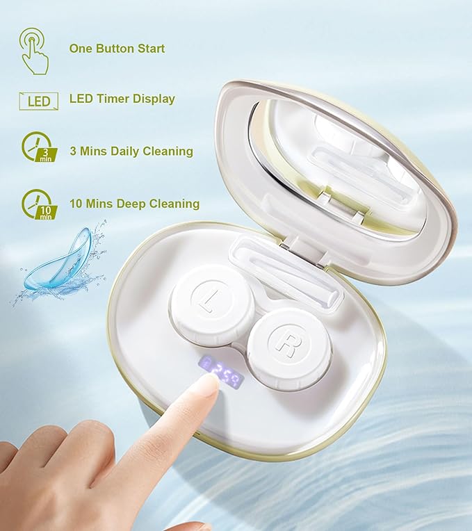 ofone Contact Lens Cleaner, Ultrasonic Contact Lens Cleaning Machine with USB Charger, Timer Display and 5 Contact Solution Cases Kit Replacement for Soft Hard Colored RGP Lenses (Avocado Green)