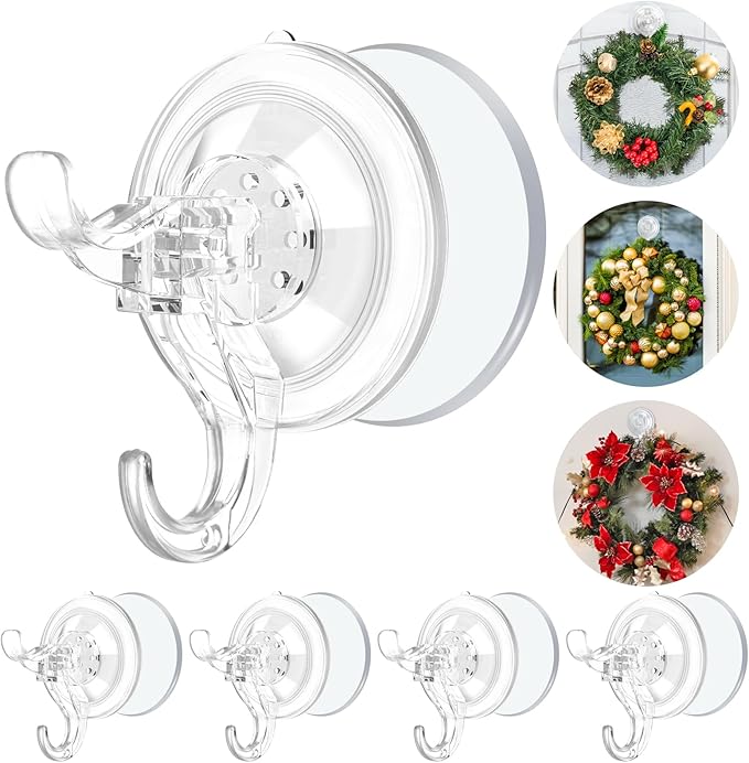 5 Pack Wreath Hangers for Front Door, Heavy Duty Suction Cup Hooks with Adhesive Suction Tab, Removable Garland Hanger for Christmas, No Damage Wreath Hook for All Surfaces, Holds up to 11 Lbs