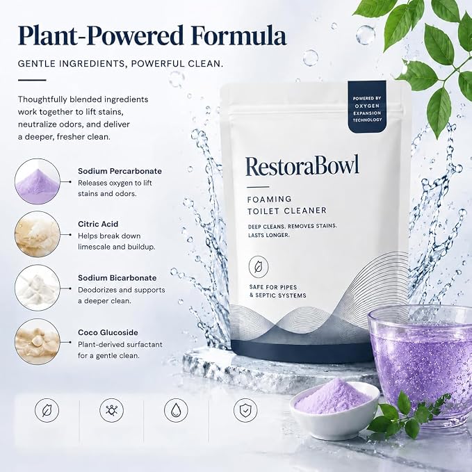 RestoraBowl Toilet Bowl Cleaner Foam, Bathroom Cleaning Powder for Daily Use, Oxygen-Based Fast Dissolving Formula, Helps Remove Stains & Maintain Freshness, 3.53 Oz.