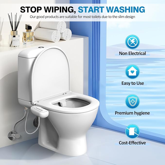 Non-Electric Bidet Attachment for Toilet, Ultra Slim Self-Cleaning Retractable Dual Nozzles for Rear & Feminine Wash, Adjustable Water Pressure,Stainless Steel Inlet