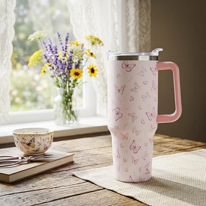 Ceovfoi 40 oz Butterfly Coffee Mug Cup, Vacuum Insulated Travel Tumbler with Handle, Lid and Straw, Butterfly Gifts, Stylish Accessories for Women Girls