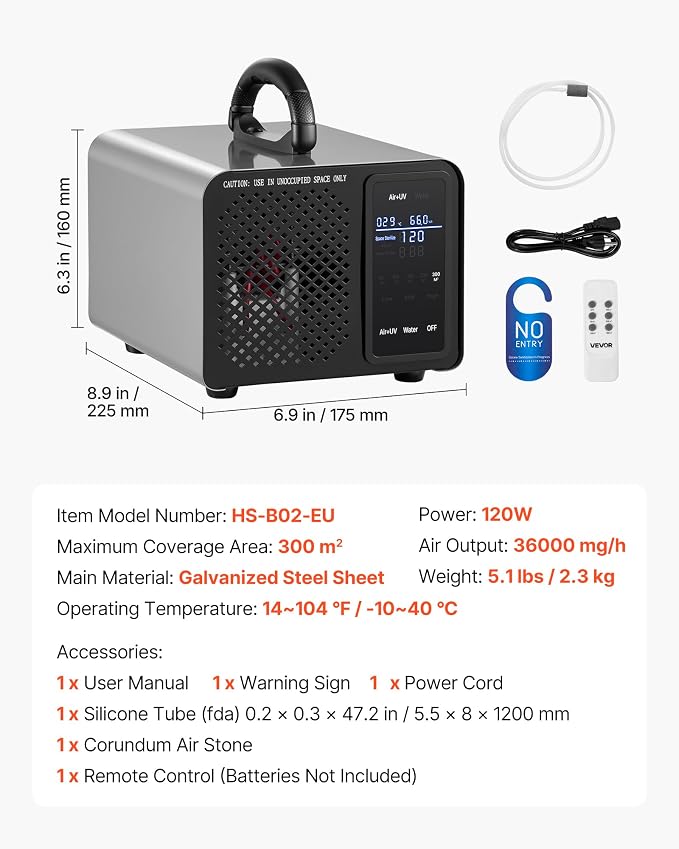 VEVOR Ozone Generator, 36000mg/h Commercial Ozone Machine, with 15s Delayed Start & Area-Based Timer & LCD Touchscreen Display, Industrial Deodorizer for Car, Smoke, Home Odors, Up to 3200 sq.ft