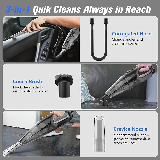 BSRCO Cordless Handheld Vacuum with 6kPa Hurricane Suction, 25Mins Runtime Portable Car Vacuum for Deep Gap Cleaning, Lightweight Hand Vac with HEPA for Pet Hair, Home & Vehicle