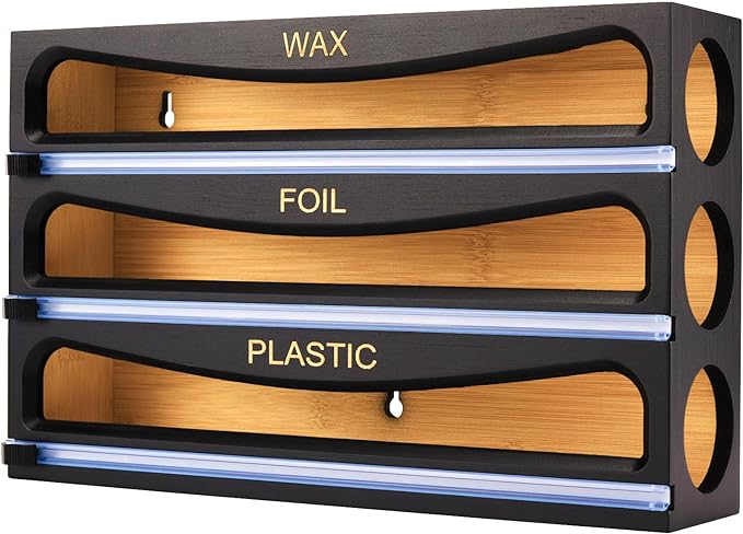 Bamboo Wrap Dispenser with Cutter, Plastic Wrap Organizer, Aluminum Foil Organization, and Wax Paper Dispenser Holder for Kitchen Drawer and Wall, Compatible with 12" Roll (01 Black)