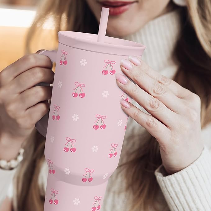 Cherry 40oz Slider Tumbler with Handle and Straw - Insulated Stainless Steel Travel Coffee Mug for Women Girls, Gift for Birthday Christmas