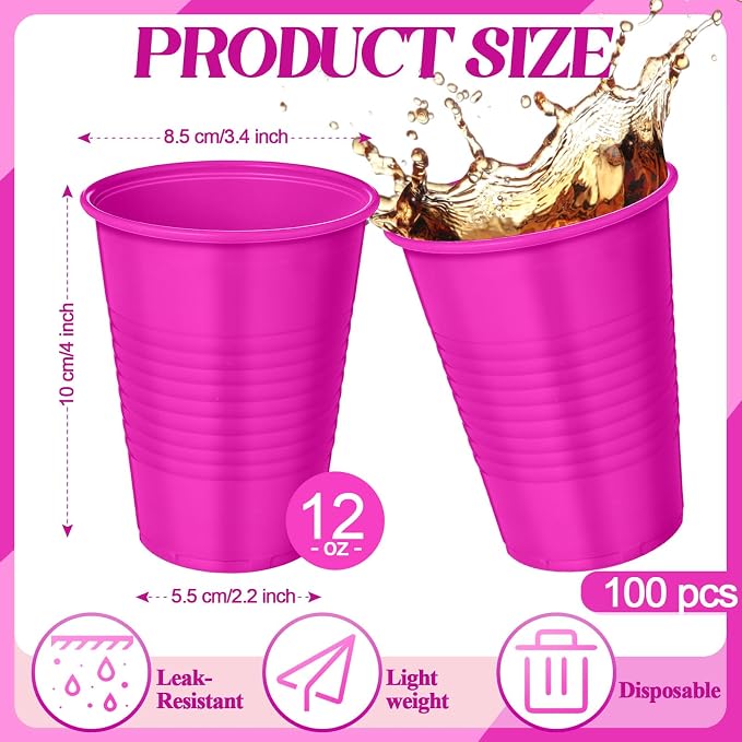 Funnymoom 100 Pcs 12 oz Hot Pink Disposable Plastic Cups 12 oz Hot Pink Party Drinking Beverage Cups Bulk for Bachelor Party Wedding Flamingo Birthday Supplies