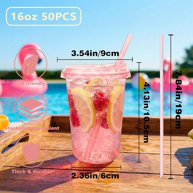 16oz Disposable Stemless Glasses With Strawless Sip Lids and Straws,PET Disposable Drinking Cups,Clear Plastic Wine Glasses for Parties Birthday,Wedding,Meeting,Party Supplies. (50, Pink)