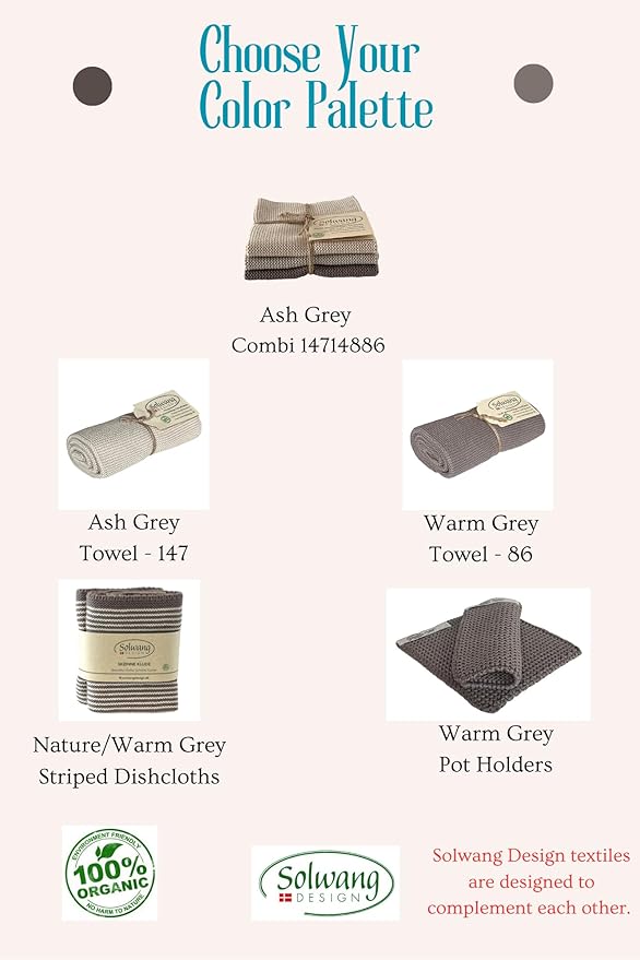 Solwang 3-Piece Danish 100% Certified Organic Cotton Dishcloths Made in India (Ash Grey Combi)
