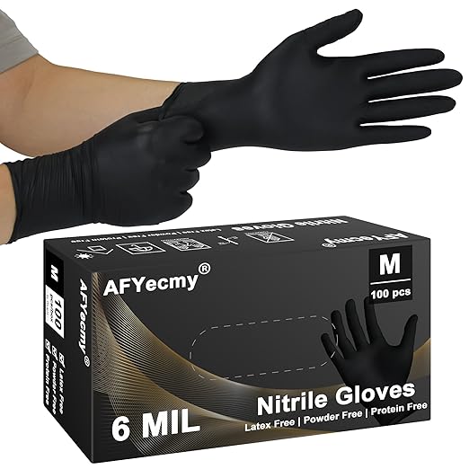 Disposable Nitrile Gloves, Chemical Resistant, Powder and Latex Free, Food Safe, Black Heavy Duty Gloves, 6 Mil, 100 Count, Medium
