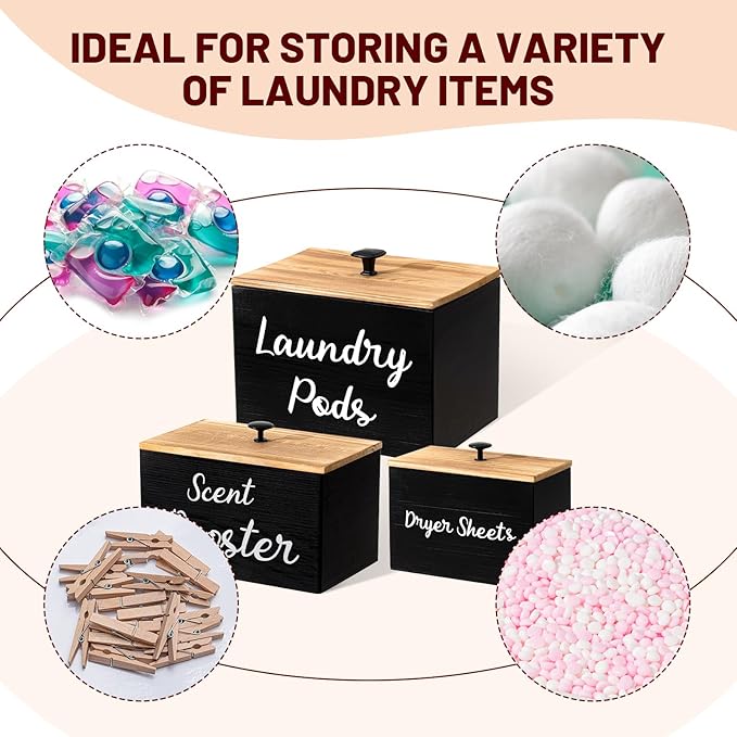 Dandat 3 Pcs Wood Laundry Pods Container Dryer Sheet Holder Dryer Sheets Holder Scent Booster Container Set with Scoop Rustic Laundry Room Beads Dispenser for Storage(Black)