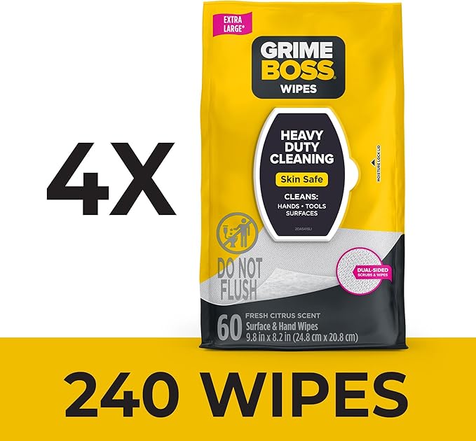 Grime Boss Heavy Duty Surface and Hand Wipes (4x60ct) | Wet Wipe Remove Paint, Oil, Grease, Adhesives, Mud, Dirt | Shop Rag Replace Cleaners like Rags, Towels, Pumice, Soap