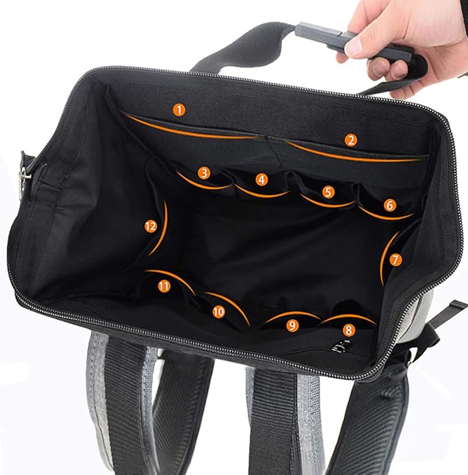 Backpack Tool Bag with Padded Back Support Heavy Duty Tool Kit Carrier Storage Bags for Electrician, Plumber, HVAC, Cable Repairman