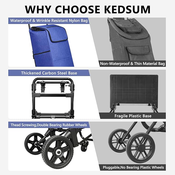 KEDSUM 3 in 1 Shopping Cart with Wheels, 60L/250LBS Multi Use Grocery Cart with 7" Big Wheels & Removable Waterproof Bag, Personal Shopping Carts for Groceries, Telescoping Handle & Thickened Steel
