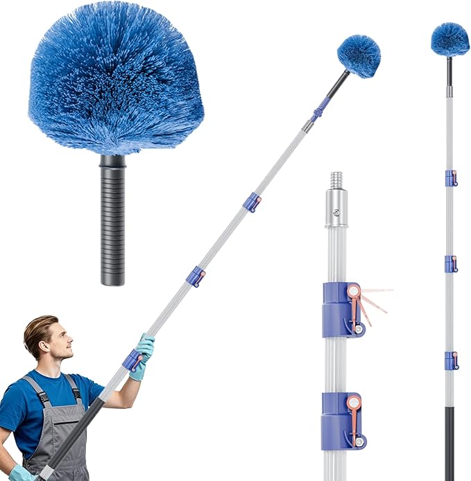 5-12ft Telescoping Durable Duster with Extension Pole – Lightweight Aluminum Cobweb Duster Kit – Extendable to 20ft Reach for Cleaning High Ceilings and Spider Webs
