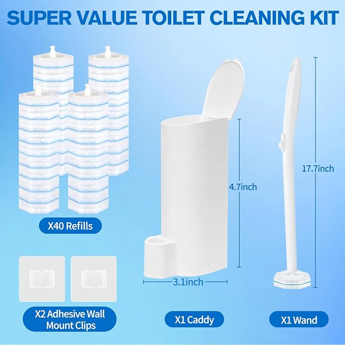 Disposable Toilet Bowl Brush and Holder - Toilet Bowl Wand Refills with Toilet Bowl Cleaner, Includes 40 Refill Heads for Clorox Toilet Brush, Wand & Storage Caddy - Won't Fall Apart