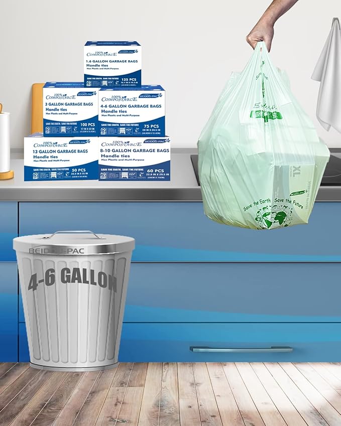 BEIDOU-PAC 4-6 Gallon Compostable Trash Bags, 150 Count - Kitchen Trash Bags with Handle, Sturdy Biodegradable Garbage Bags for Food Scrap Waste, ASTM D6400, US BPI Certified