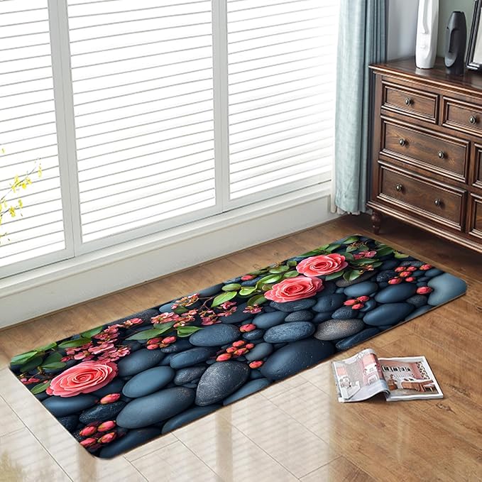 WODEJIA Non Slip Bath Rugs Sponge Foam for Bathroom,Flannel Mat Rug for Living Room, Absorbent MatS for Forlaundry Room and Kitchen,Cobblestone Red Flowers Welcome Mat 47x18 Inches
