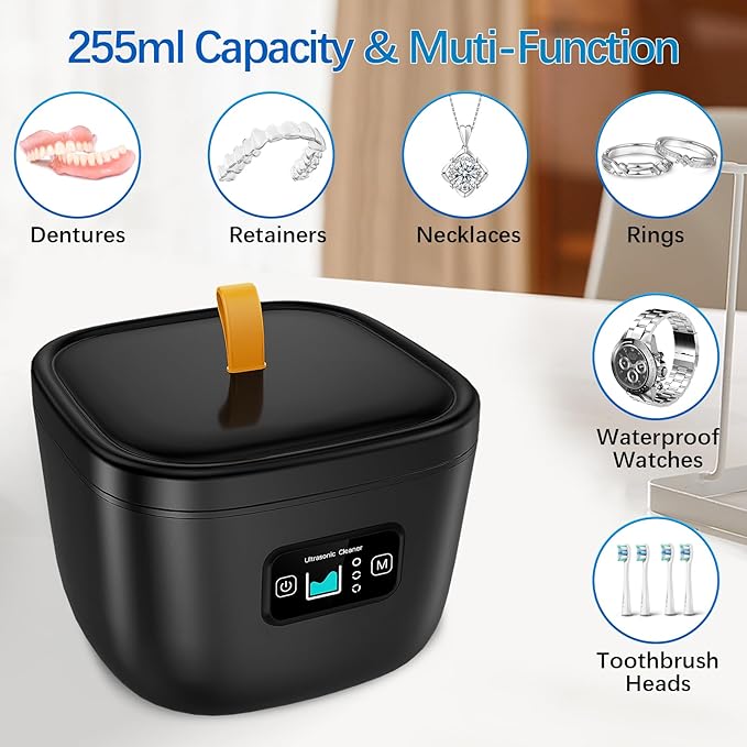 Raccomb Ultrasonic Retainer Cleaner Machine for Denture UV Ultrasonic Cleaner 45kHz 255ML 3 Mode Adjustable Ultrasonic Jewelry Cleaner for Aligner Mouth Guard Toothbrush Whitening Tray Ring Diamond
