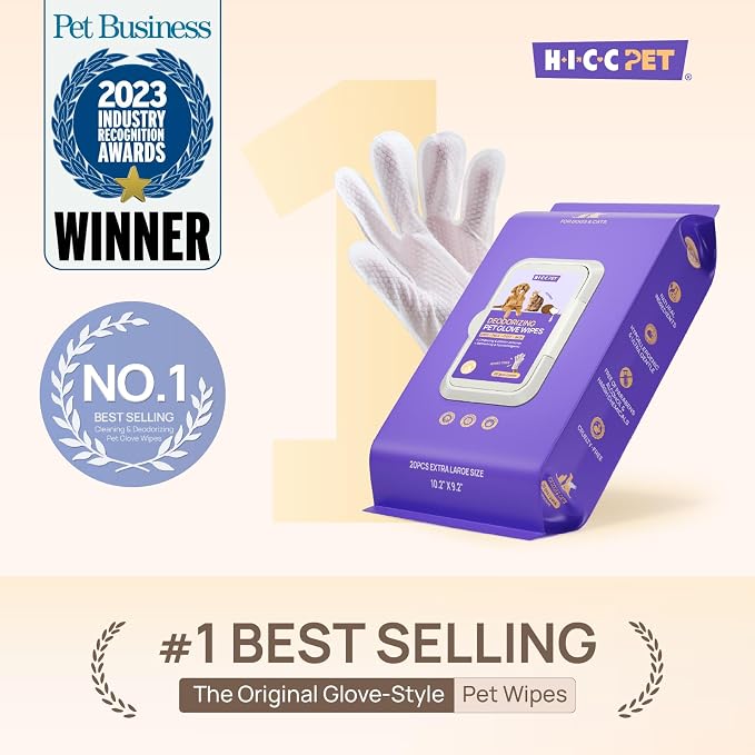 HICC PET Cleaning Deodorizing Glove Wipes for Dogs & Cats, Vet Recommended Hypoallergenic Hydrating & Nourish Fur Pet Grooming Glove Wipes, Pet Bathing Wipes for Horse Coat Care, 20pcs Rose Scent