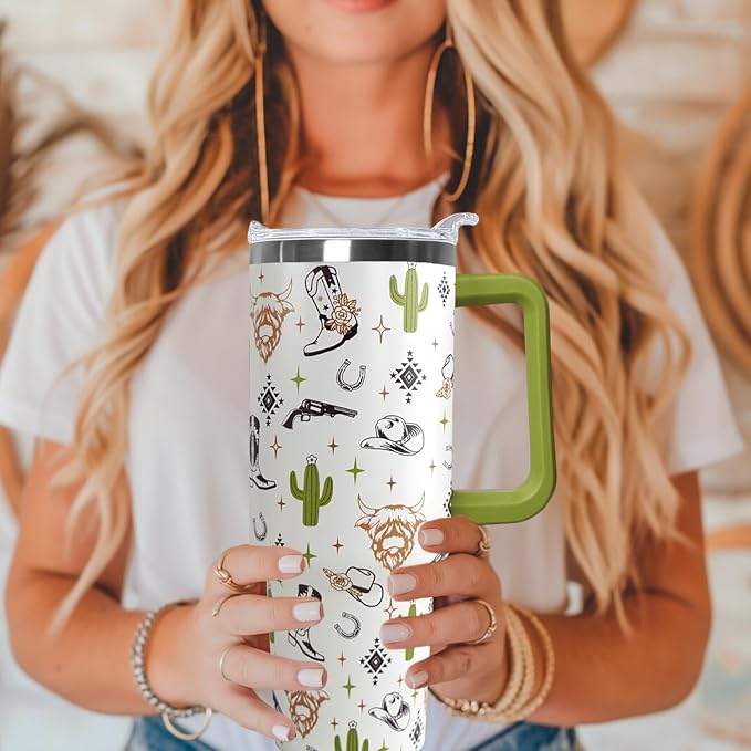 Ceovfoi 40 Oz Western Tumbler With Handle, Cow Skull Coffee Travel Mug Cup Water Bottle, Western Decor, Gifts for Women