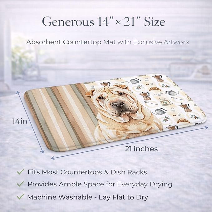 Caroline's Treasures Shar Pei Coffee Bar Dish Drying Mat Absorbent Dish Drying Mat Pad for Kitchen Counter Dish Drainer Mat for Countertop, 14 x 21", Multicolor