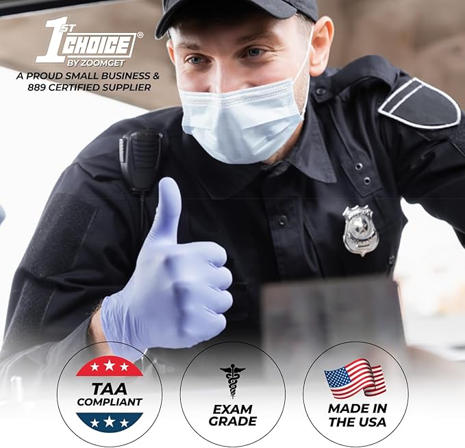 1st Choice 3 Mil Indigo Blue Nitrile Disposable Exam Gloves Made in USA, TAA Compliant Latex Free Medical Grade Cleaning S-XL